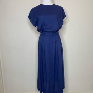 Vintage Blue Skirt Top Matching Set Vintage Rayon Flax Small